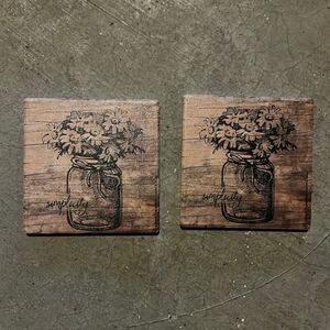 2 ceramic coasters - flowers in mason jar “simplicity”